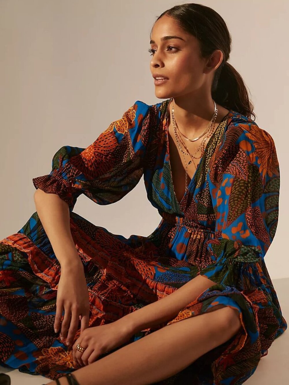 Farm Rio X Anthropologie Puff Sleeve M - 8 / 10 Blue Green Tropical Floral Maxi - Picture 2 of 6
